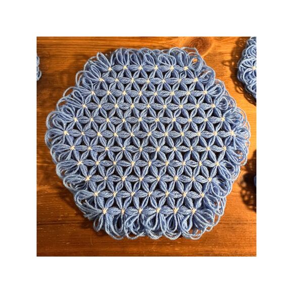 Handmade Crochet Coaster Set – 4 Small + 1 Large – Blue Cotton Mug Rugs - Picture 3 of 6